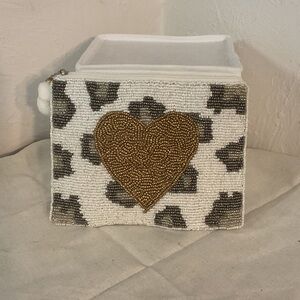 Francesca’s Glass Beaded Pouch w/Gold Heart & Animal Print, 7”x5”, NWOT